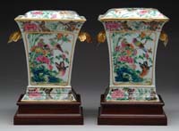 Appraisal: FINE PAIR OF ROSE MEDALLION BOUGH POTS AND COVERS Mid