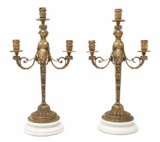 Appraisal: A Pair of Continental Gilt Bronze Three-Light Candelabra possibly Russian