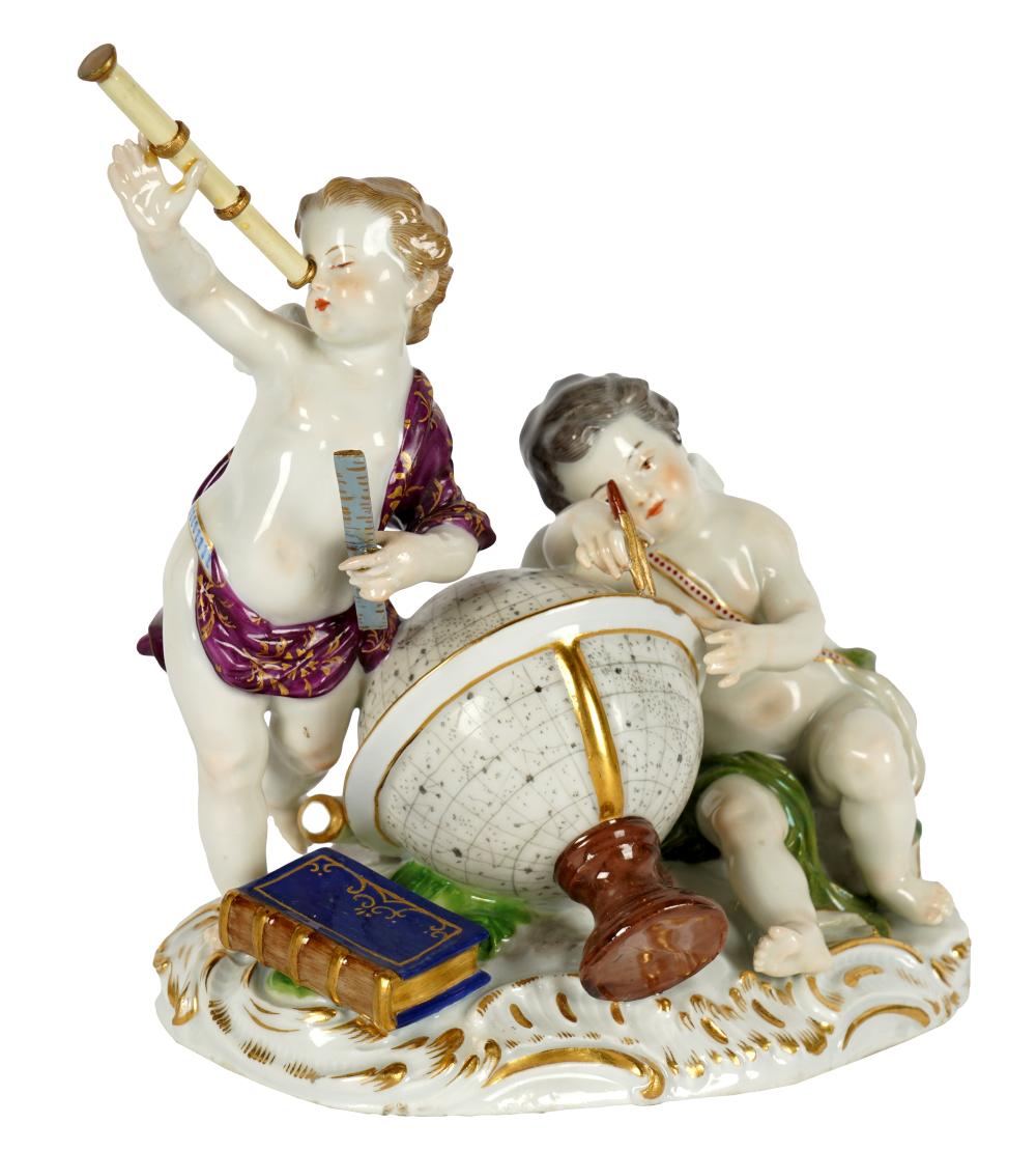 Appraisal: MEISSEN PORCELAIN FIGURAL GROUP ALLEGORY OF ASTRONOMY underglaze blue crossed