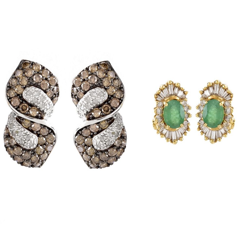 Appraisal: Two Pair K Gold and Gemstone Earrings Emerald Diamond and