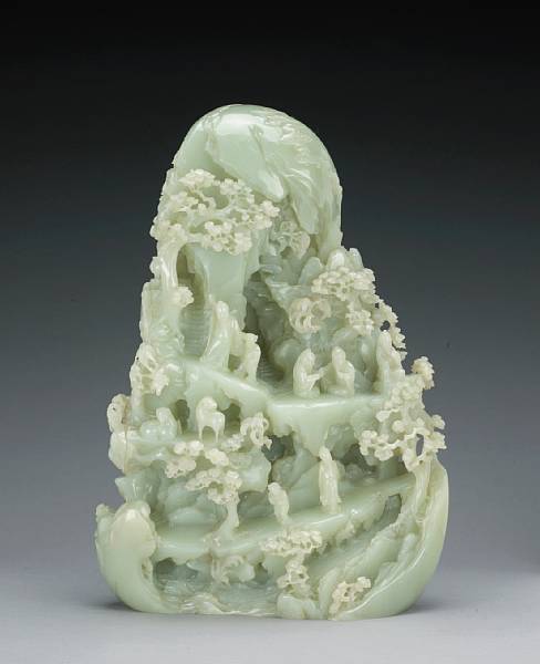 Appraisal: A large pale greenish white jade landscape boulder th Century