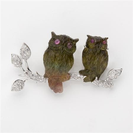 Appraisal: Carved Tourmaline Watermelon Tourmaline and Diamond Owl Brooch Estimate -