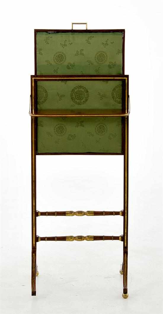 Appraisal: Regency rosewood and parcel-gilt fire screen circa sliding silk panel