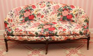 Appraisal: LOUIS XVI INFLUENCED FLORAL UPHOLSTERED SETTEE LOUIS XVI INFLUENCED FLORAL