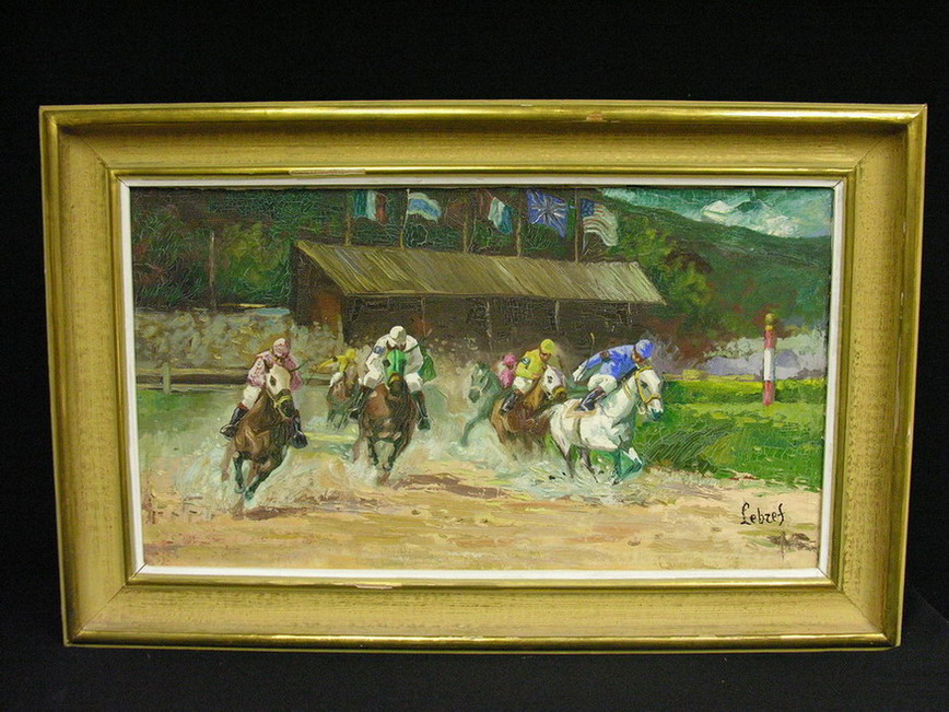 Appraisal: HORSE RACING OIL ON CANVAS BY LEBZEF circa - 's