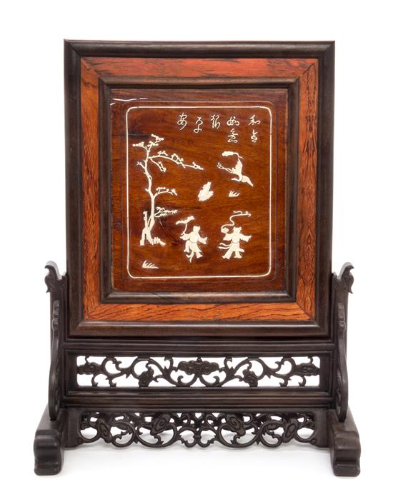 Appraisal: Sale Lot A Bone Inset Huanghuali Wood Table Screen the