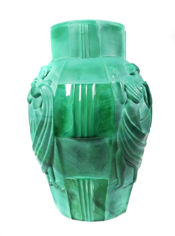 Appraisal: Vintage Czech art glass vase with relief panels depicting draped