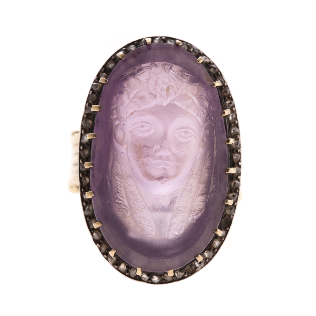 Appraisal: A Vintage Amethyst and Diamond Intaglio Ring c - K