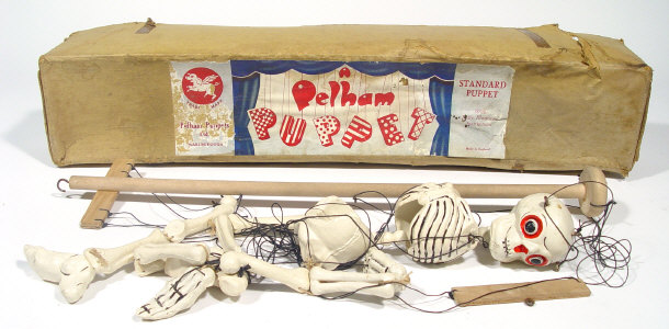 Appraisal: Unusual boxed Pelham wooden skeleton string puppet with illustrated instructions