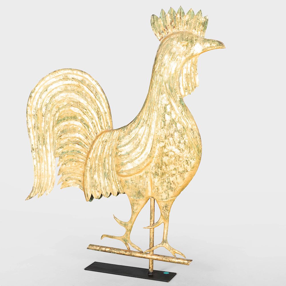 Appraisal: Gilded and Molded Copper Cockerel Weathervane On metal stand x