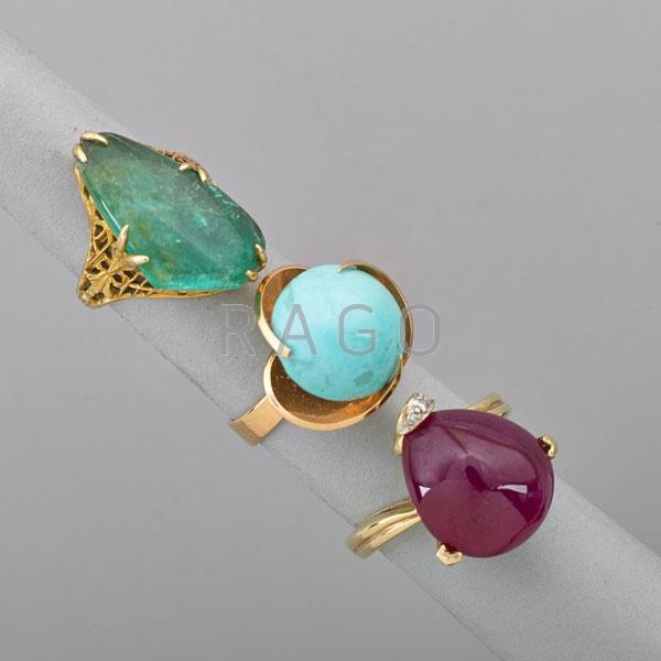 Appraisal: THREE COLORFUL GEMSTONE YELLOW GOLD RINGS Condition Report