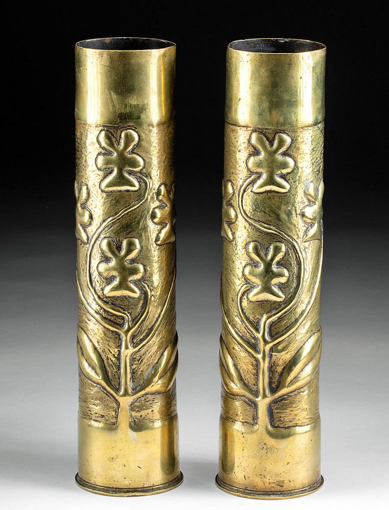 Appraisal: Pair of WW French Brass Mortar Shell Trench Art Vases