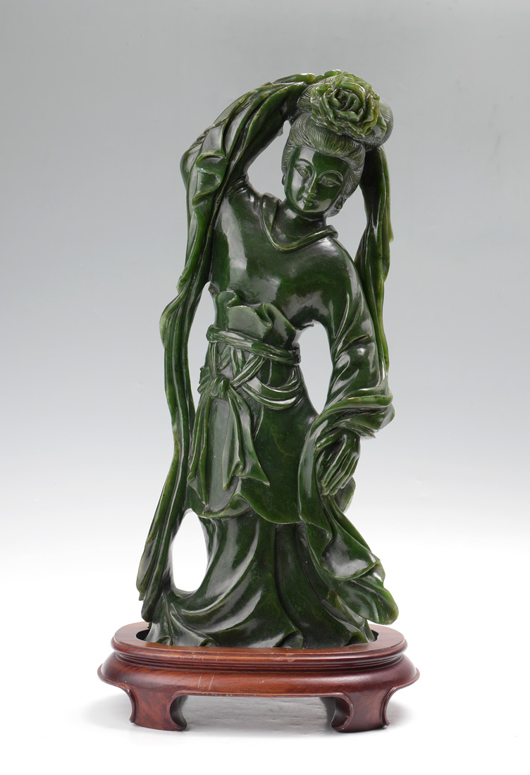 Appraisal: MONUMENTAL CARVED NEPHRITE JADE GUAN YIN FIGURE Deep green carved