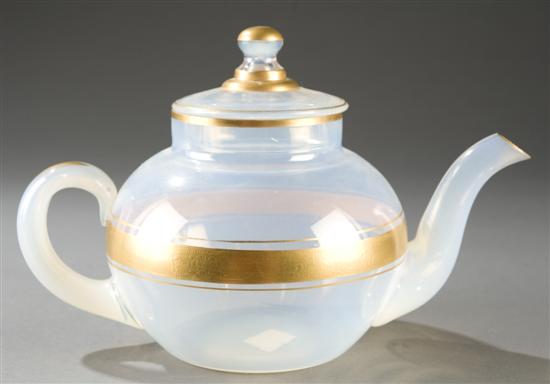 Appraisal: Pearl opalescent and gilded glass teapot Attributed to Fry Glass