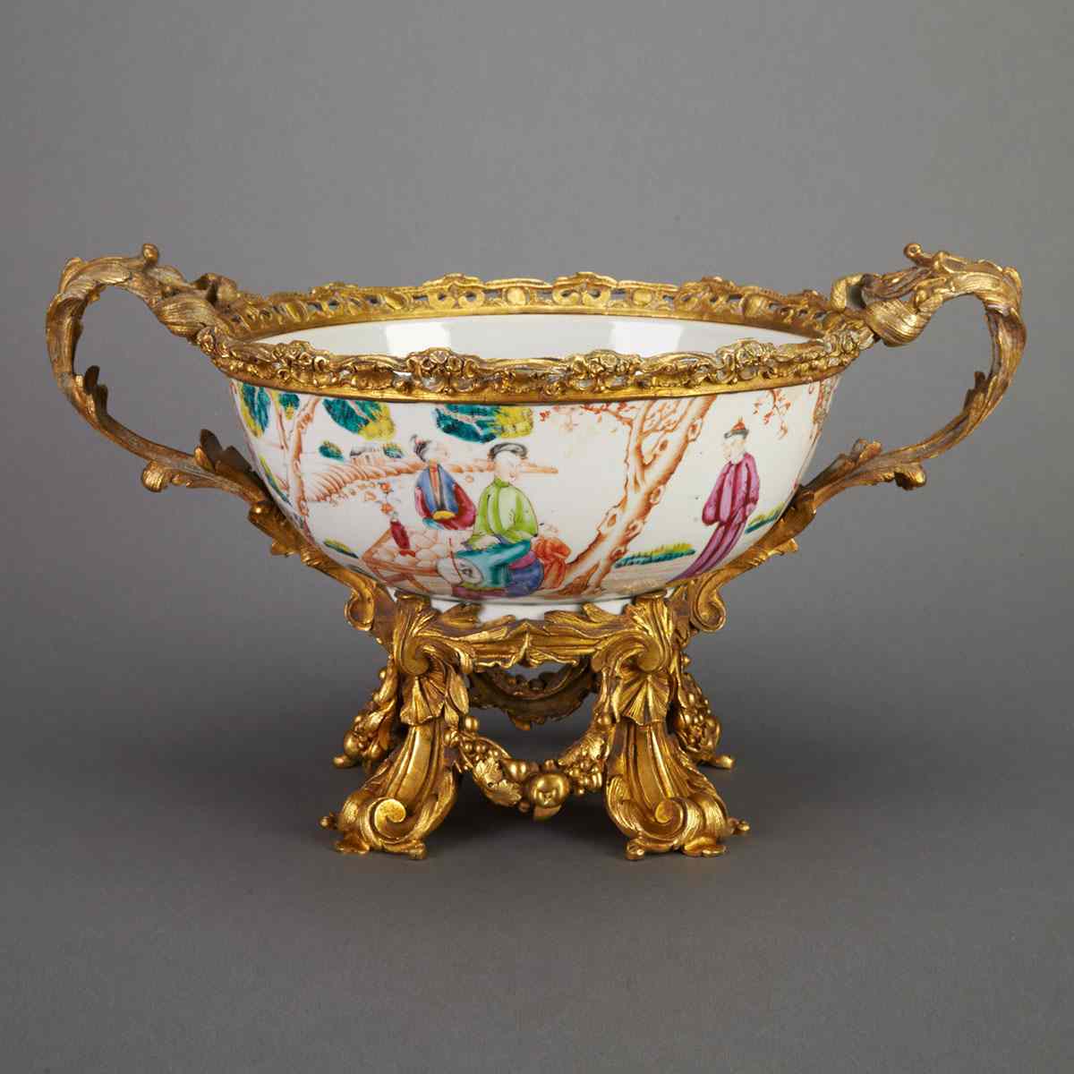 Appraisal: Ormolu Mounted Chinese Export Porcelain Mandarin Rose Punch Bowl th