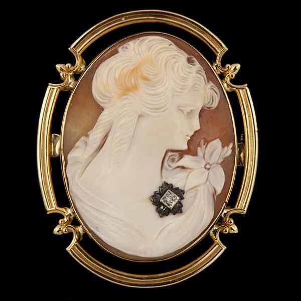 Appraisal: Antique Cameo Brooch with Diamond Accent A carved cameo portrait