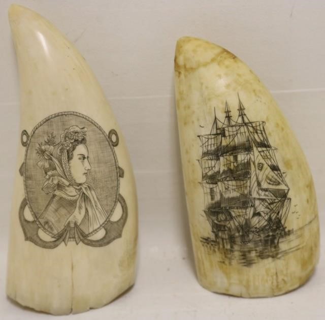 Appraisal: TWO TH C SCRIMSHAW WHALES TEETH ONE DEPICTS ALWILDA A