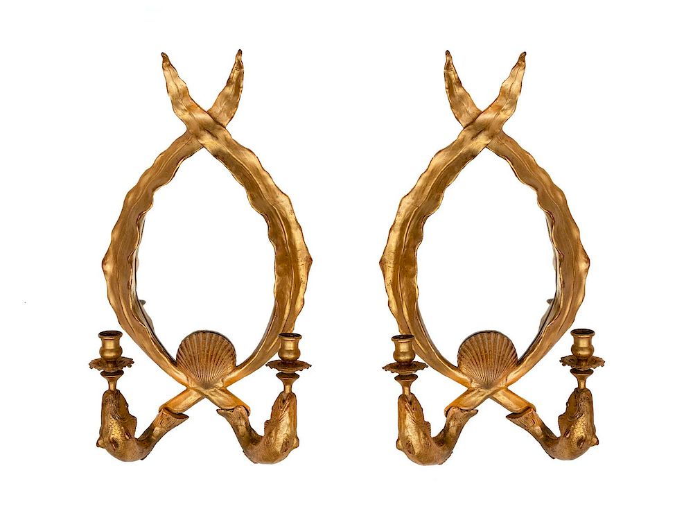 Appraisal: A Pair of Whimsical Mirrored Gilt Wall Sconces Height x