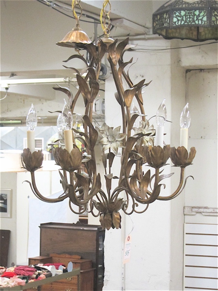 Appraisal: SIX-LIGHT PAINTED METAL CHANDELIER a white flower and gold leaf