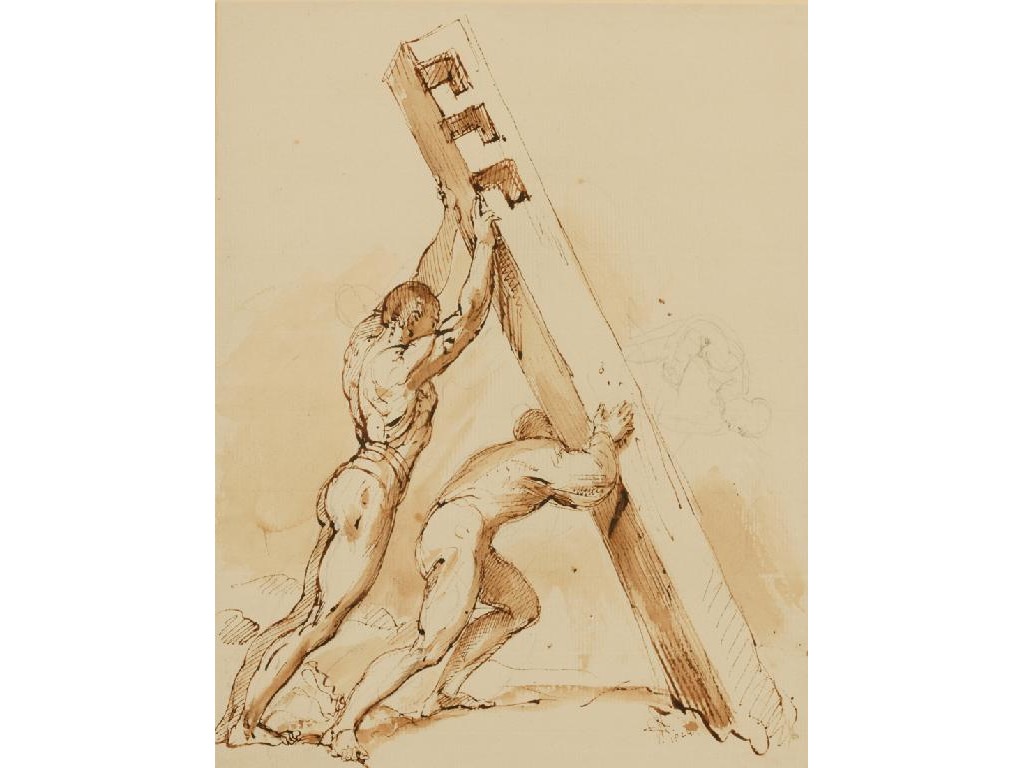 Appraisal: ENGLISH SCHOOL Men raising a wooden post indistinctly monogrammed and