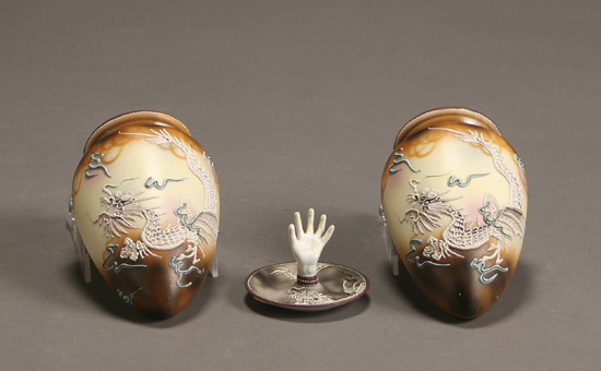 Appraisal: Pair Nippon Moriage 'Dragon' Wall Pockets and a Ring Holder