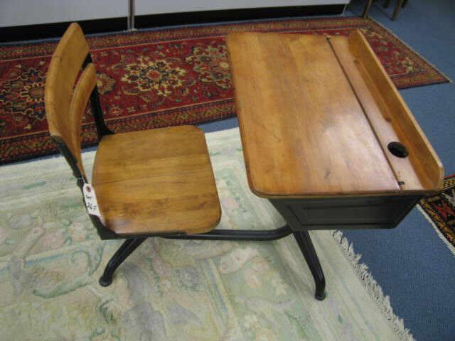 Appraisal: Old School Desk lift top inkwell spot attatched style chair