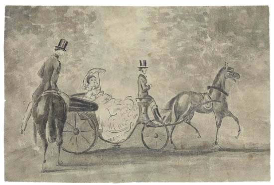 Appraisal: CONSTANTIN GUYS Two watercolors Elegant Lady Riding in a Banbury