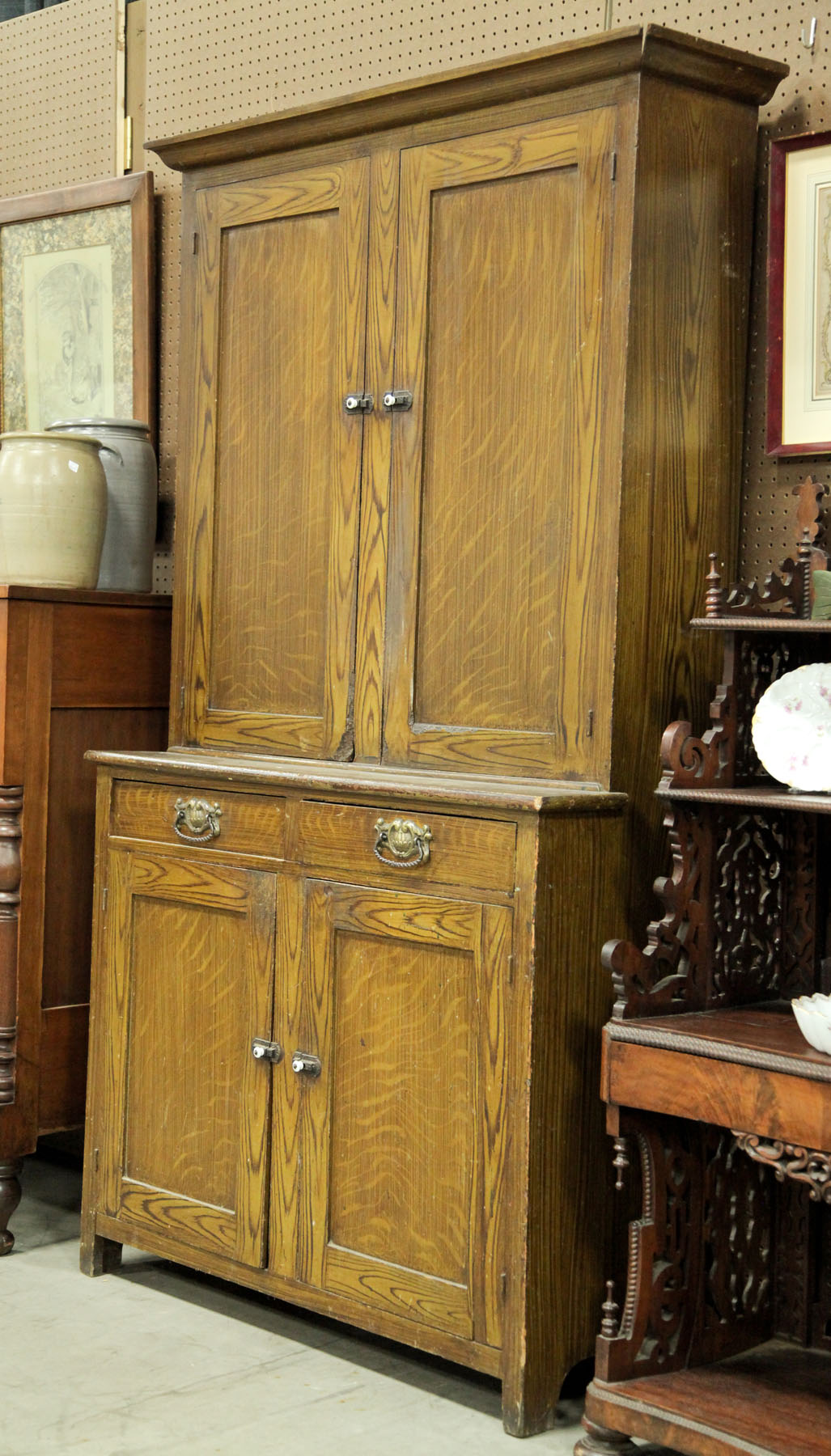 Appraisal: ONE PIECE GRAIN DECORATED STEPBACK CUPBOARD American nd half th