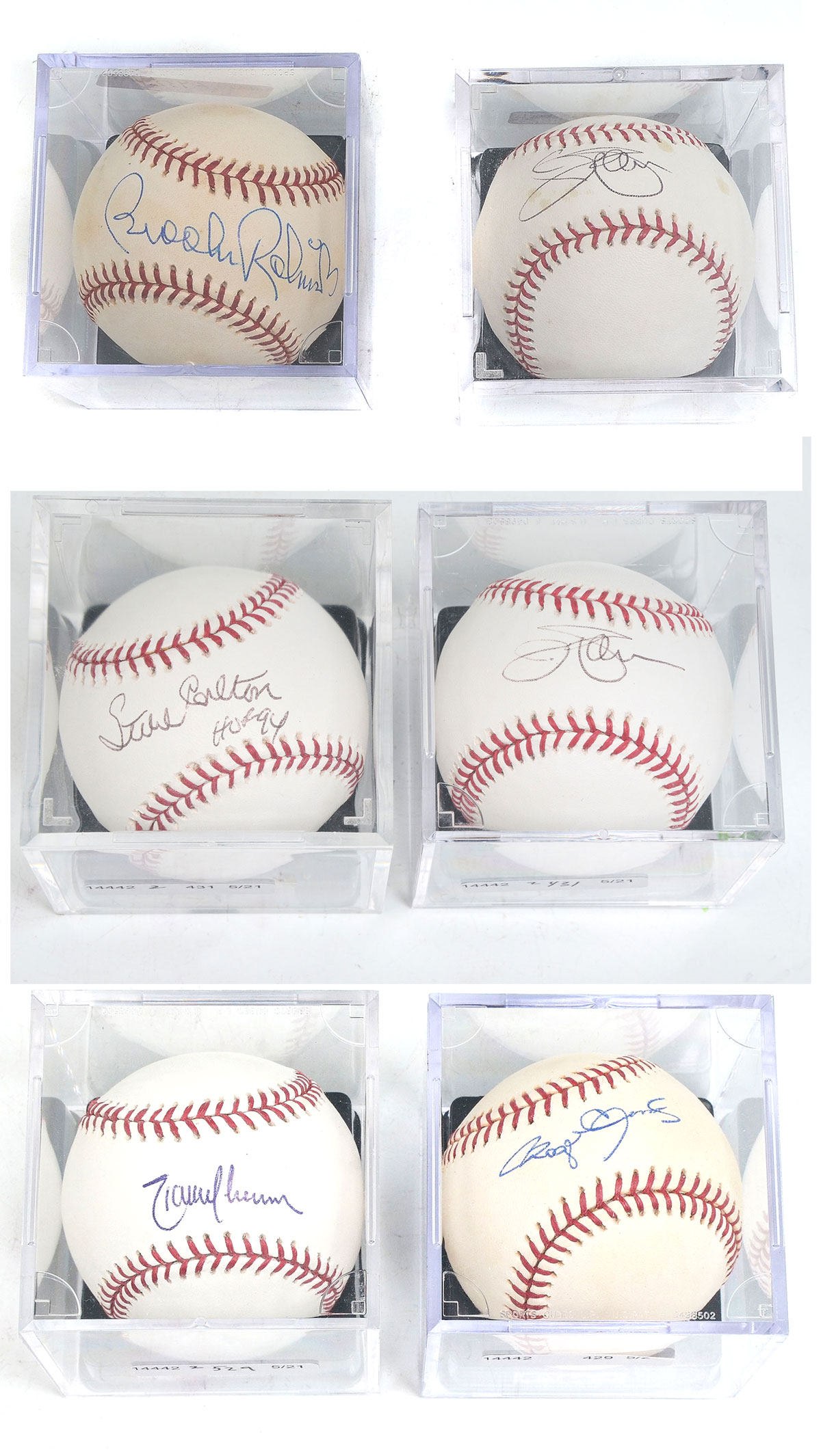 Appraisal: SIX AUTOGRAPHED MLB BASEBALLS CLEMENS JOHNSON CARLTON PALMER ROBINSON Six