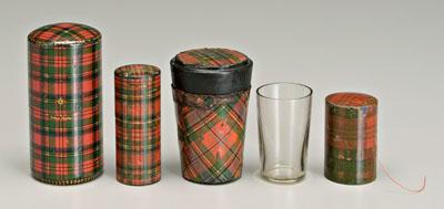 Appraisal: Four pieces tartanware three lidded cylindrical boxes two Prince Charlie