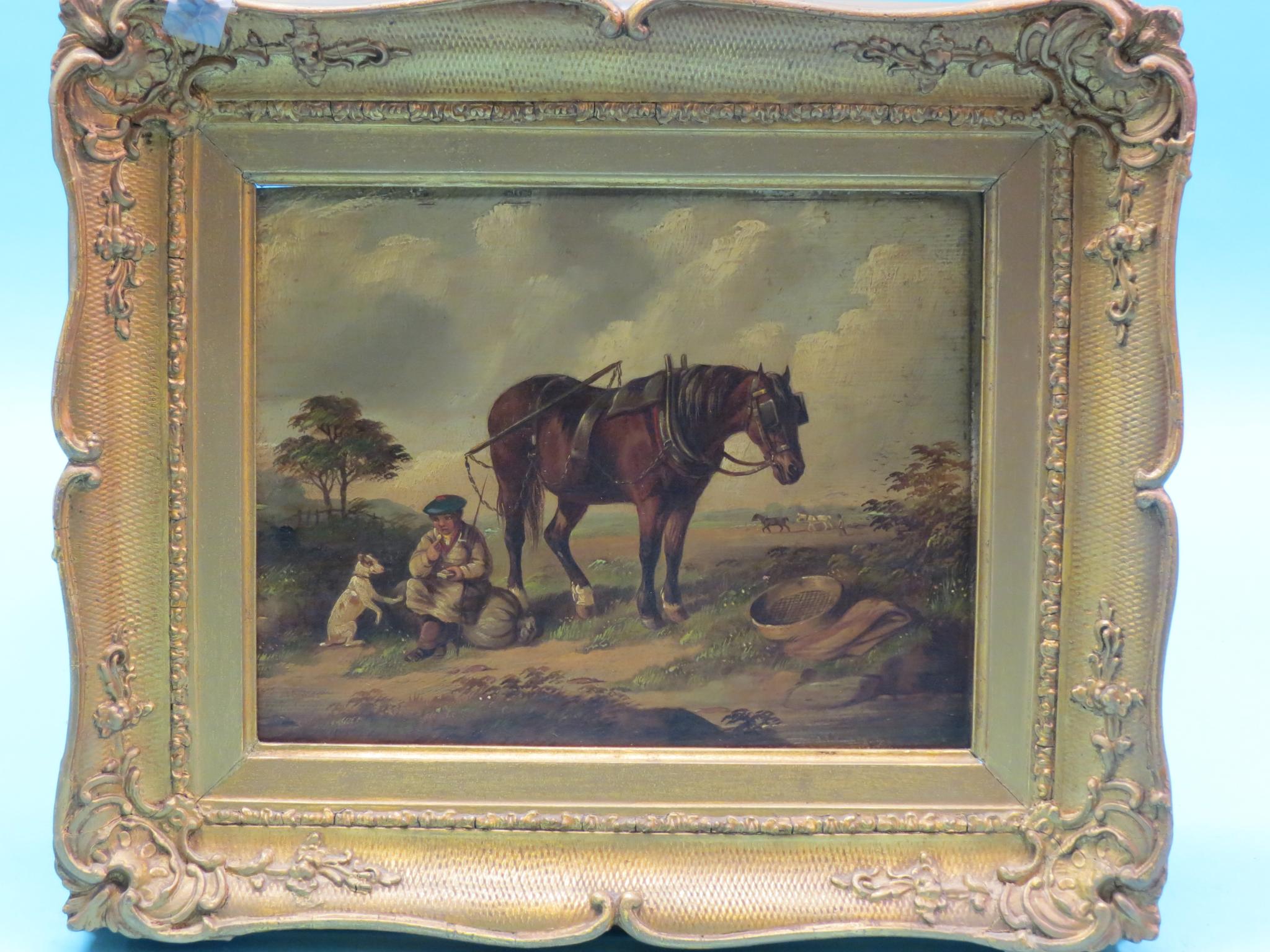 Appraisal: A pair of oils on board rural scenery and huntsman