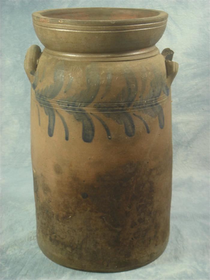 Appraisal: gallon blue decorated stoneware churn h stains damaged handle with