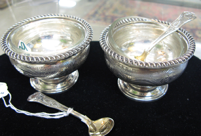 Appraisal: PAIR OF ENGLISH SILVERPLATED PEDESTAL SALTS AND GORHAM SALT SPOONS