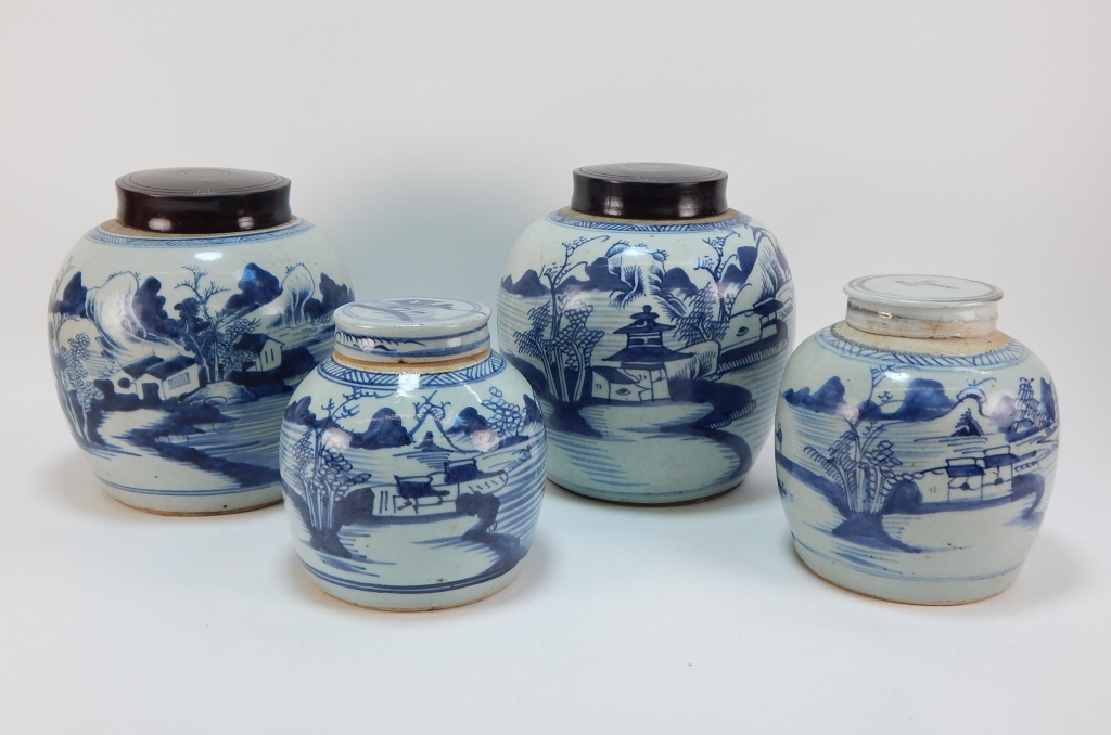 Appraisal: CHINESE CANTON BLUE AND WHITE GINGER JARS China th CenturyIncludes