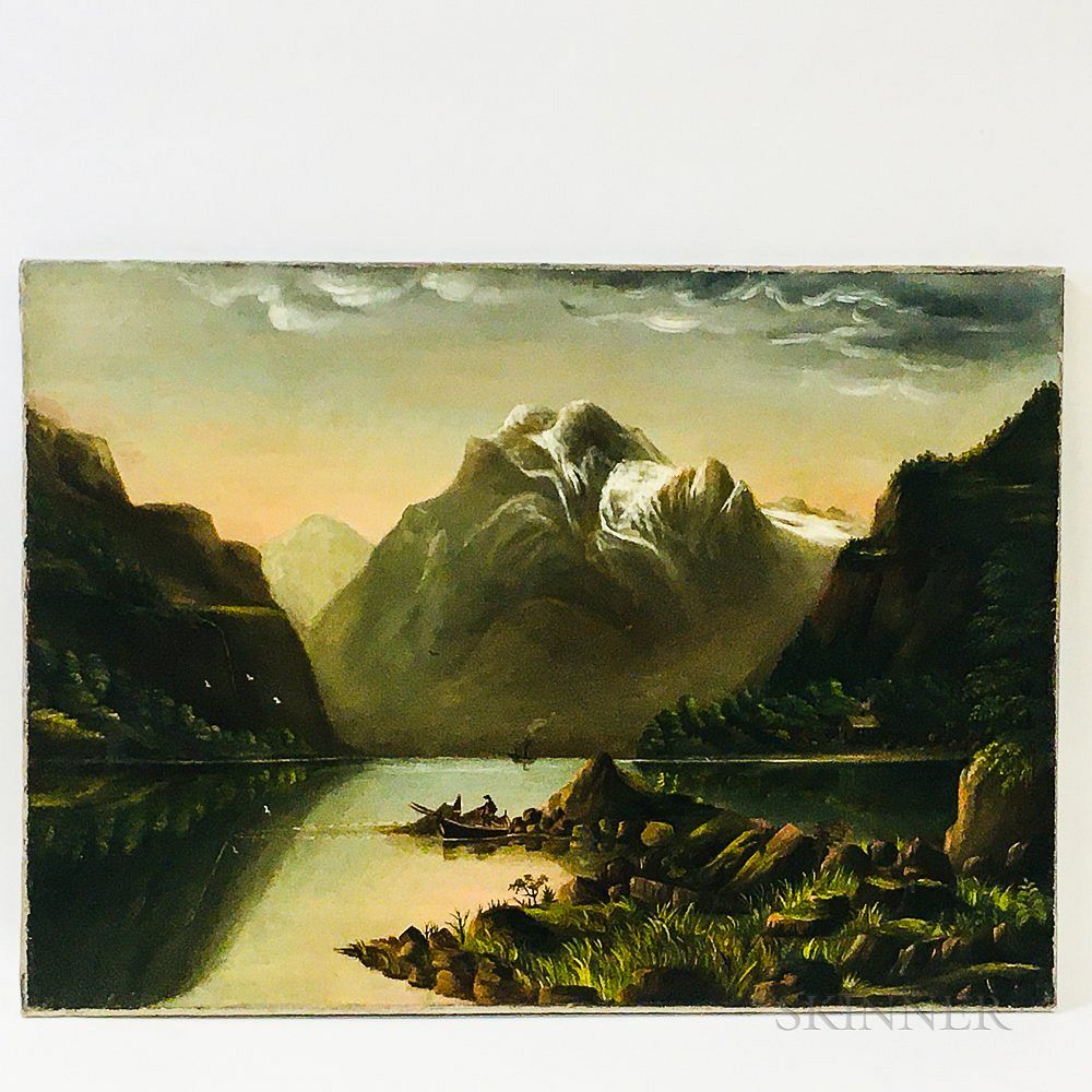 Appraisal: American School th Century Lakeside Scene with Mountains American School