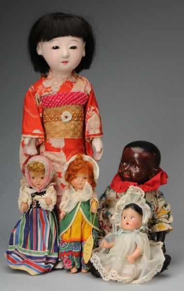 Appraisal: Lot of Miscellaneous Dolls Description Japanese Ichimatsu play doll papier-m