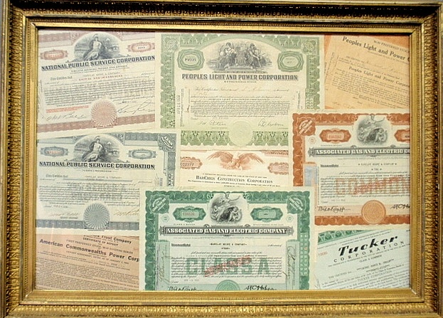 Appraisal: - Framed collage of nine old stock certificates x -