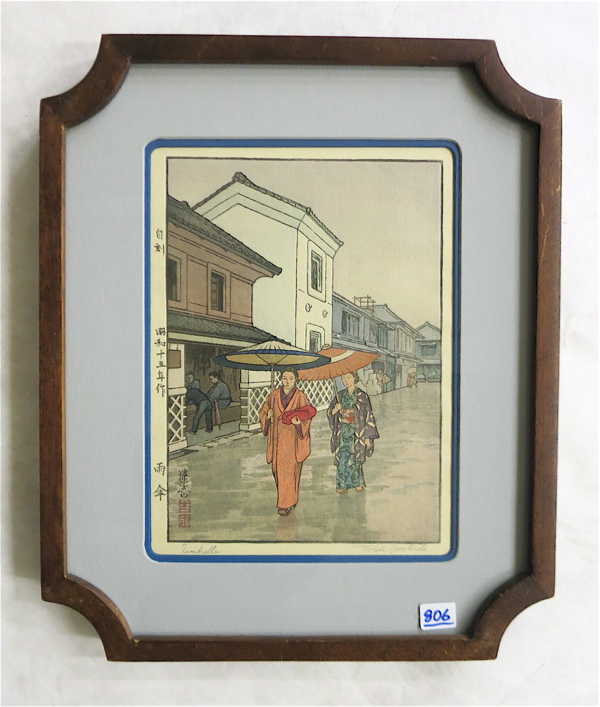 Appraisal: TOSHI YOSHIDA WOODCUT Japan - Umbrella Image measures x signed