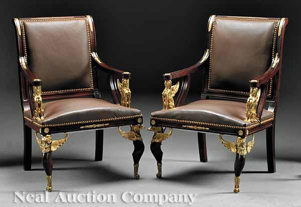 Appraisal: A Pair of Empire-Style Gilt Bronze and Mahogany Fauteuils each