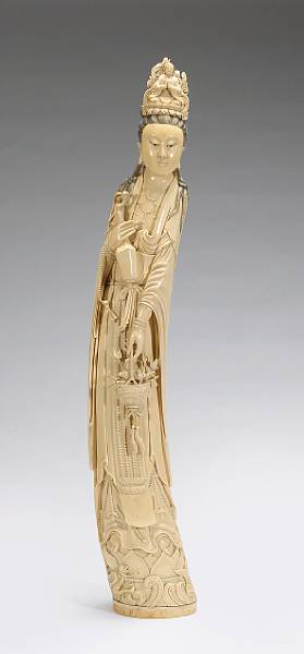 Appraisal: A large tinted ivory figure of Guanyin th Century Depicted