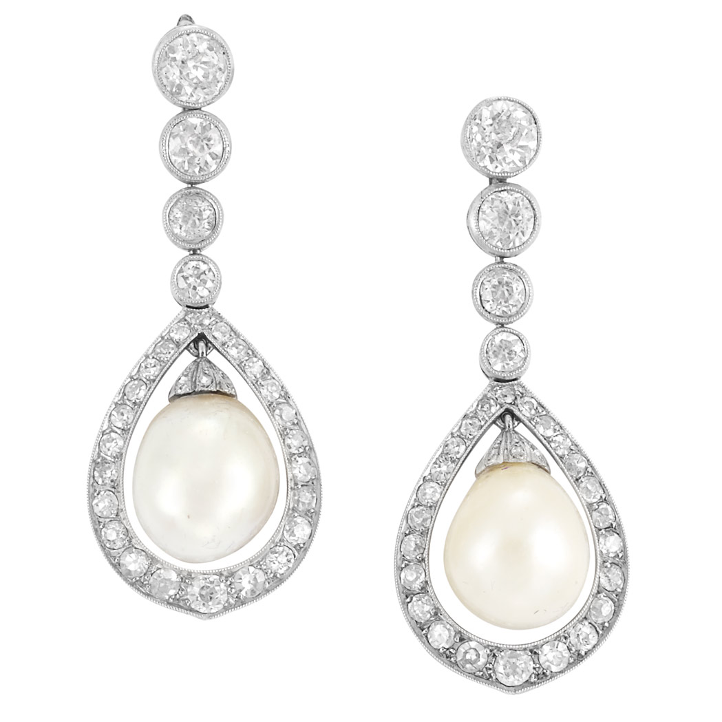 Appraisal: Edwardian Platinum Natural Pearl and Diamond Pendant-Earrings Topped by a