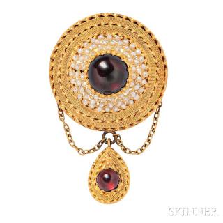 Appraisal: Antique Gold and Garnet Brooch centering a cabochon garnet framed