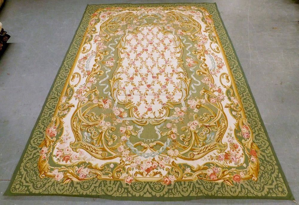 Appraisal: French Green Sino Aubusson Flat Weave Rug Textile France th