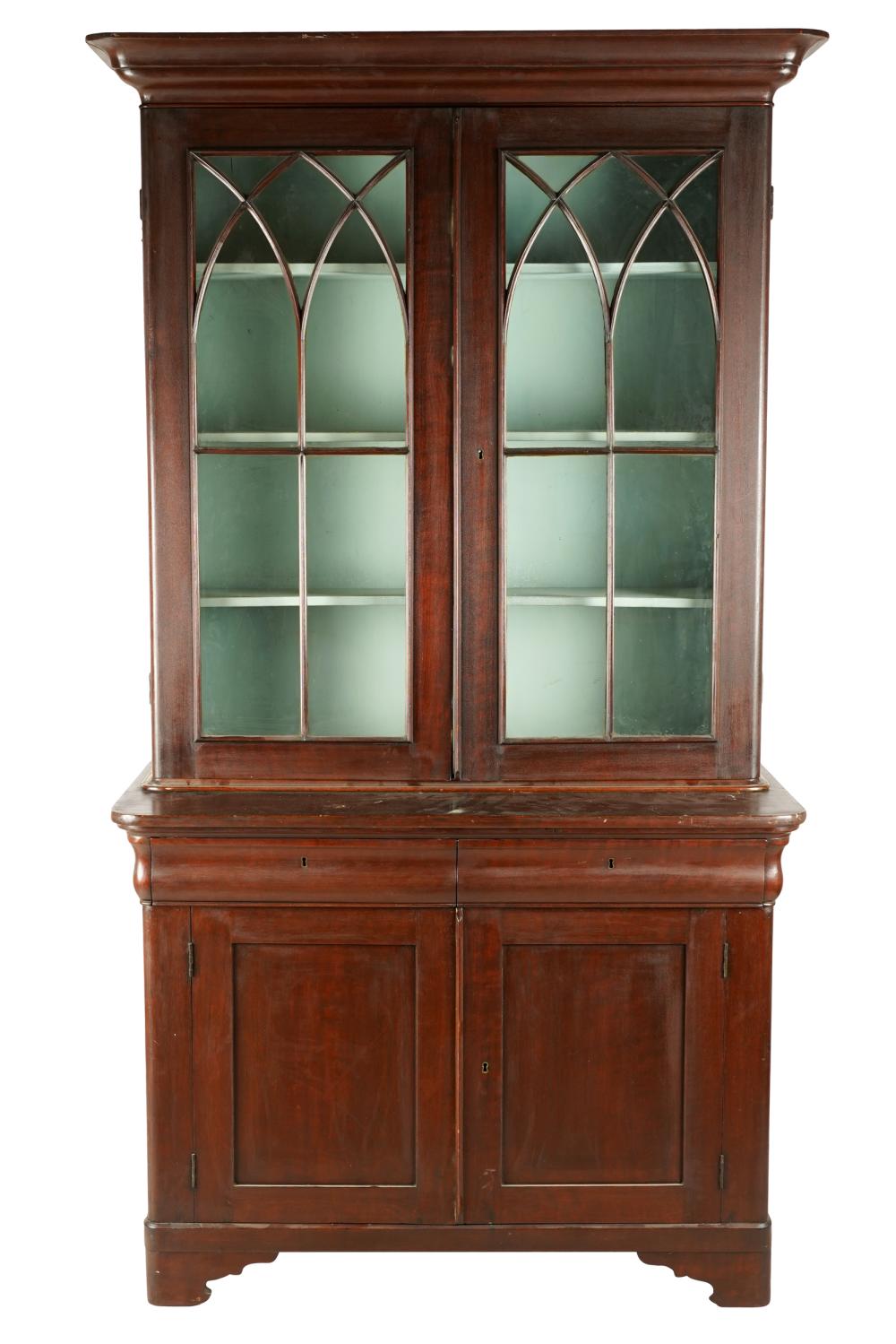 Appraisal: AMERICAN GLAZED MAHOGANY BOOKCASE th century constructed in two parts