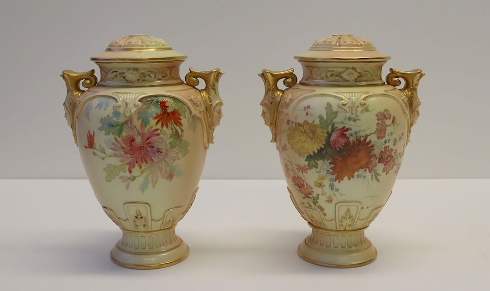 Appraisal: Pair th Century Royal Worcester Porcelain Urns hand painted these