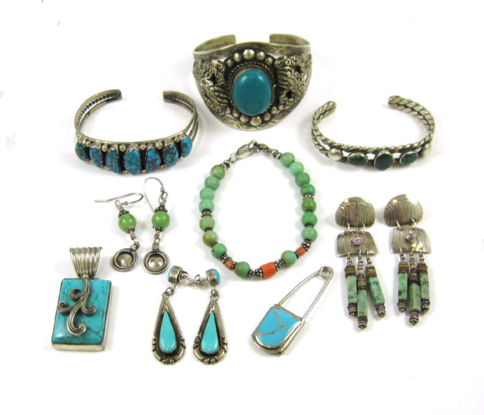 Appraisal: THIRTEEN PIECES OF SILVER JEWELRY WITH CORAL AND TURQUOISE including