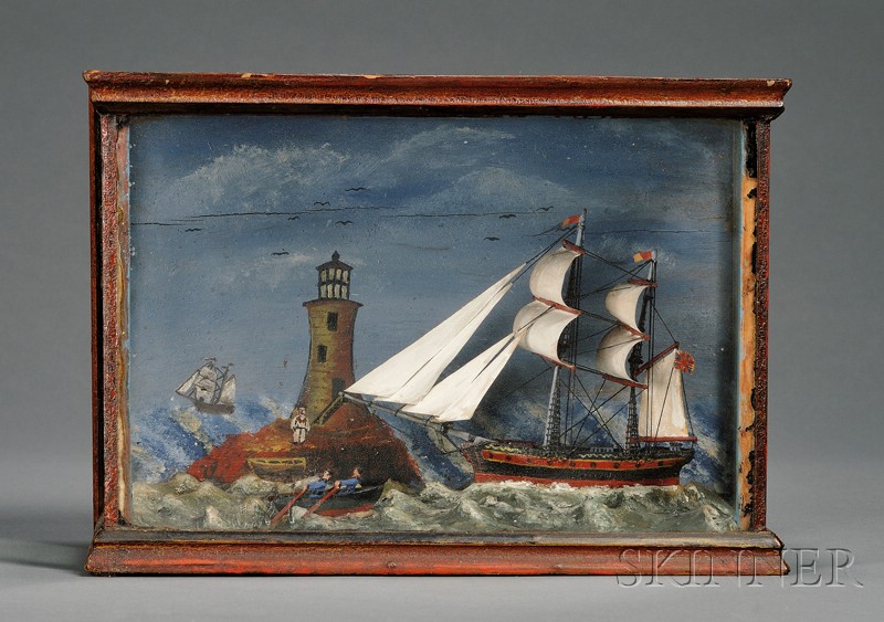 Appraisal: Small Cased Diorama with Brigantine and Painted Lighthouse late th