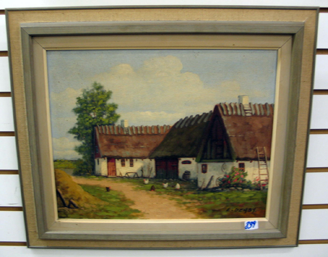 Appraisal: E DENBY Swedish th century Landscape with cottages and fowl