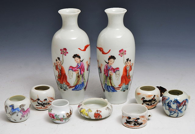 Appraisal: A COLLECTION OF SEVEN CHINESE PORCELAIN BIRD FEEDERS and a