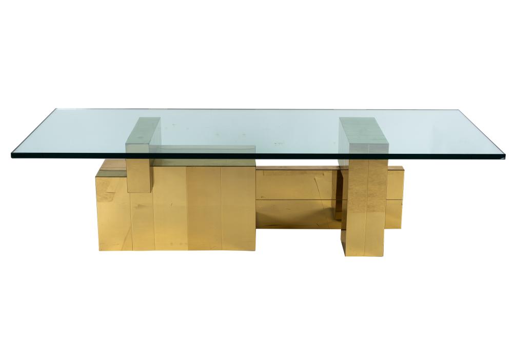 Appraisal: PAUL EVANS GLASS BRASS-VENEERED COFFEE TABLEProvenance RLM Montecito Collection Condition